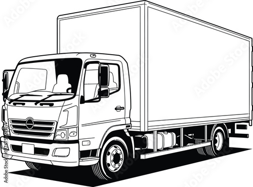 Tableau sur toile Black and white line art illustration of a medium duty box truck.