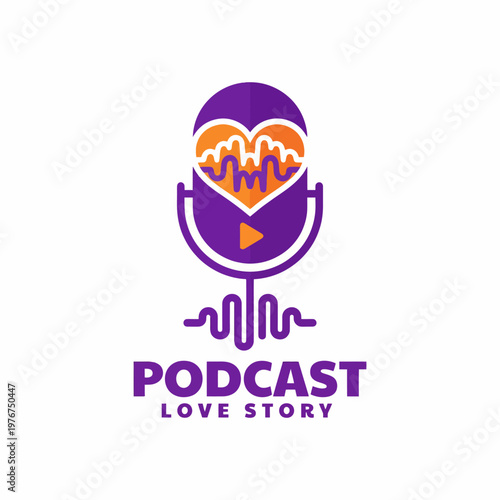 A unique logo design for a podcast featuring a microphone and heart, embodying love stories and emotional connections through audio storytelling.