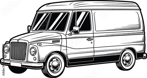Black and white line art illustration of a vintage delivery van.