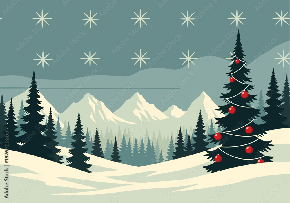 Fototapeta premium Vintage Style Winter Landscape Illustration with Decorated Christmas Tree, Snowy Pine Forest, and Mountains under Starry Sky