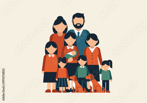 Large happy family portrait with parents, six children, a newborn baby, and two pet dogs in flat design vector style