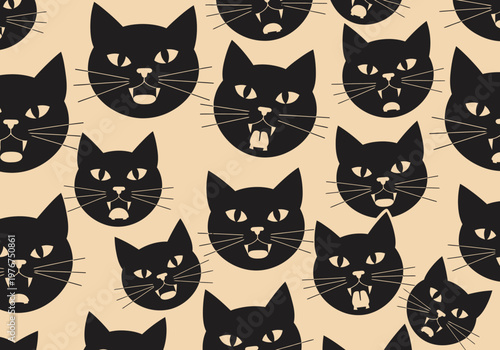 Minimalist Black Cat Hissing Face Pattern - Halloween Vector Illustration with Fangs and Open Mouth