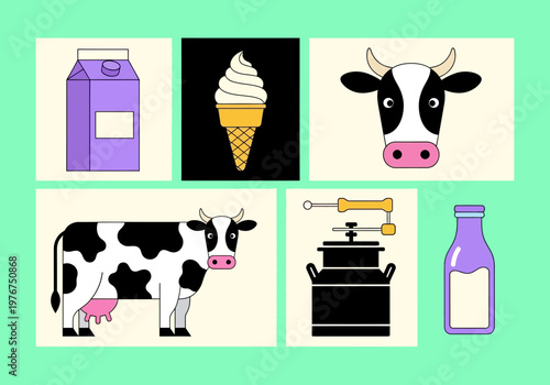 Flat Design Dairy Industry Icons and Illustrations Set with Cow, Milk, and Ice Cream