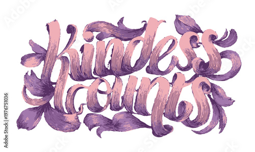 Beautifully textured calligraphic illustration featuring the inspirational quote Kindness Counts with flowing ribbon-like typography in pastel hues.