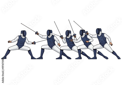 Fencing Athlete Motion Sequence Illustration Isolated on White Background