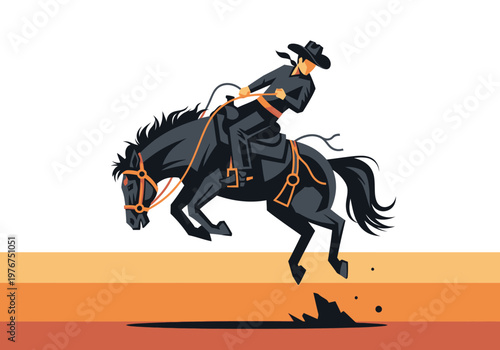 Stylized Cowboy Riding a Bucking Bronco Horse Illustration, Western Rodeo Graphic Design, Minimalist Vector Art