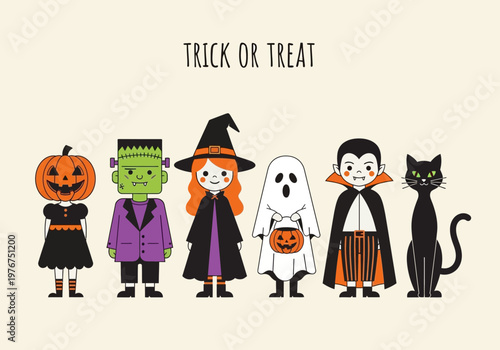 Cute Halloween Illustration Featuring Kids in Costumes: Witch, Ghost, Vampire, Frankenstein, and Pumpkin with Trick or Treat Text.