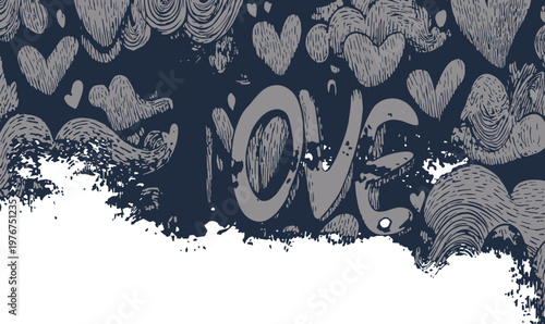 Urban street art illustration with sketchy gray hearts and the word love over a dark blue background with decorative white grunge border.