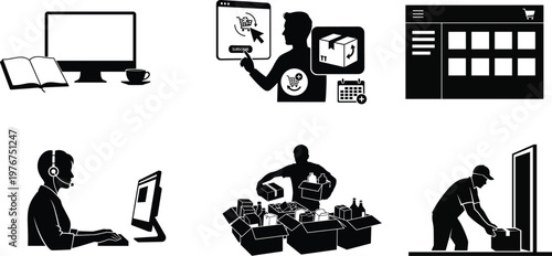 Black and white vector icons depicting various aspects of delivery technology and service personnel in silhouette style
