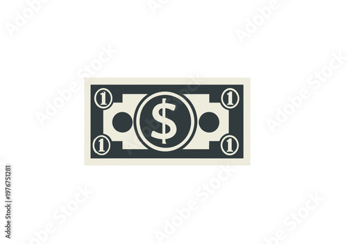 Stylized icon of a single dollar bill banknote with a central currency symbol and numerical values isolated on a plain white background.