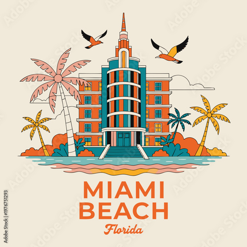 Deco Miami Beach Hotel with Palm Trees and Birds in Pastel Colors desig