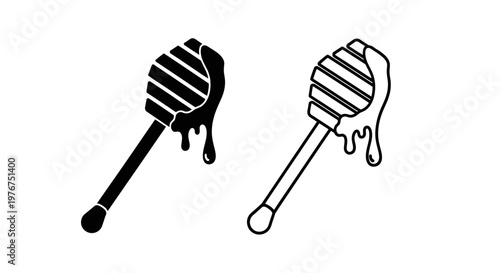 Two honey dippers with dripping honey one filled and one outline