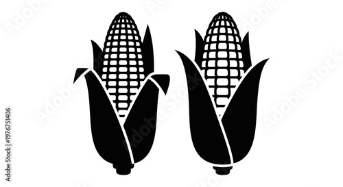 Two stylized corn cobs with husks depicted in black and white