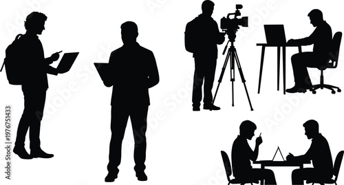 Silhouette illustration depicting a news broadcast team in action including reporters camera operators and editors