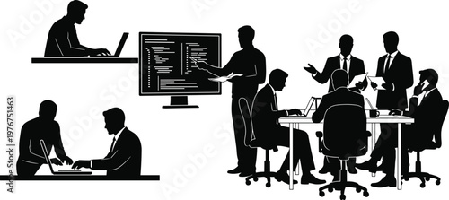 A business meeting in progress with a presenter attendees and data visualization on a screen illustrating collaboration