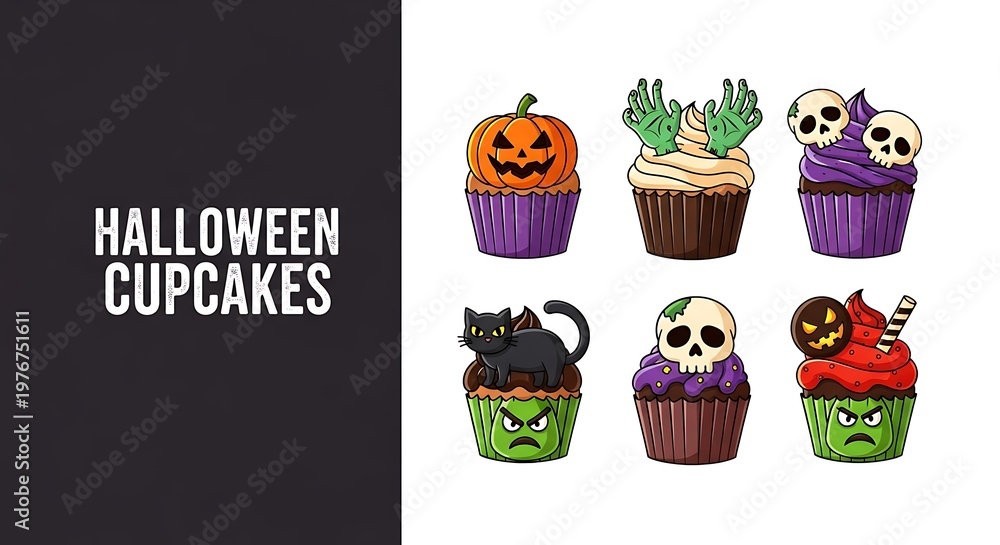 Fototapeta premium Halloween cupcakes with spooky decorations and text
