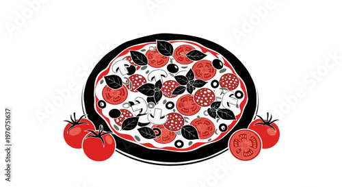 A vibrant illustration of a classic pizza with fresh tomato toppings
