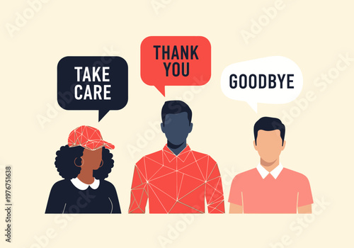 People with Speech Bubbles Saying Thank You, Goodbye, and Take Care - Diverse Characters Vector Illustration
