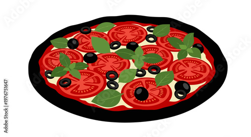 A vibrant illustration of a pizza topped with tomatoes olives and basil