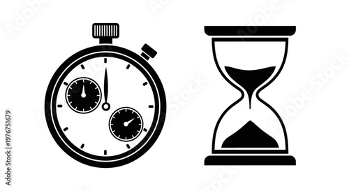 A stopwatch and hourglass representing the passage of time in black and white