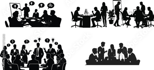 Silhouetted depiction of a formal gathering possibly a board meeting or important discussion with people seated and standing