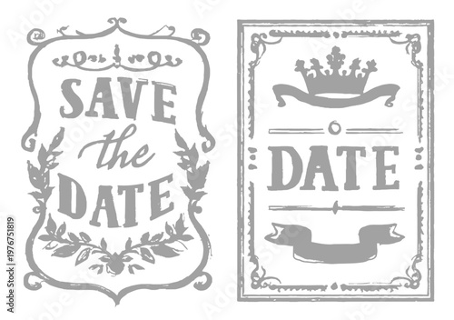 Set of hand-drawn vintage save the date wedding invitation cards featuring ornate frames, floral wreaths, royal crown, and rustic banner designs.