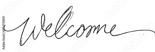 Elegant handwritten cursive script of the word Welcome in black ink on a white background, perfect for greeting cards and website banners.
