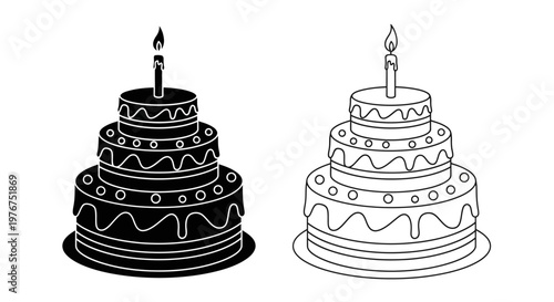 Two tiered birthday cakes with lit candles black and white outline