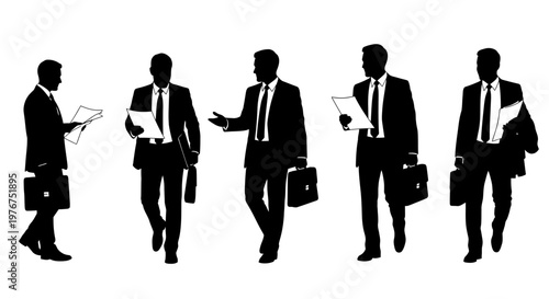 Silhouettes of five businessmen in suits walking with briefcases and papers