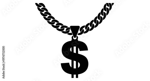 A black and white illustration of a dollar sign pendant on a chain