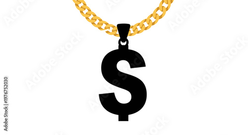 A black dollar sign pendant hangs from a thick gold chain on white