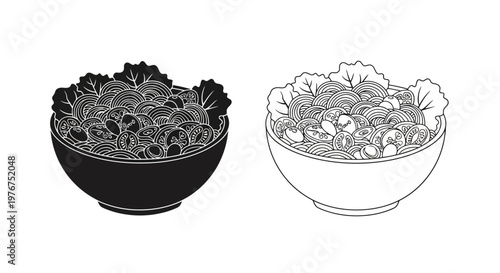 Sketch of two bowls filled with noodles and leafy greens