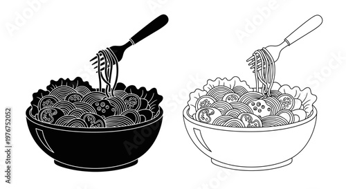 Spaghetti and meatballs in bowls illustrated with forks black and white design