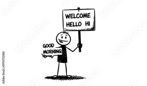 Hand drawn stickman greeting vector holding welcome hello hi and good morning sign in friendly style