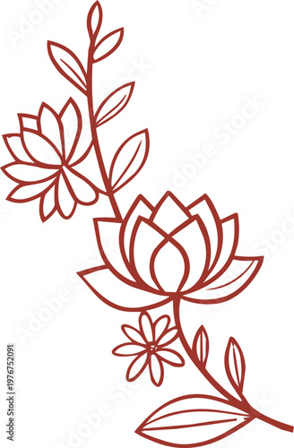 Dark Red Double Lotus Flower with Leaf Line Art Vertical Illustration for Buddhist Korean Festival