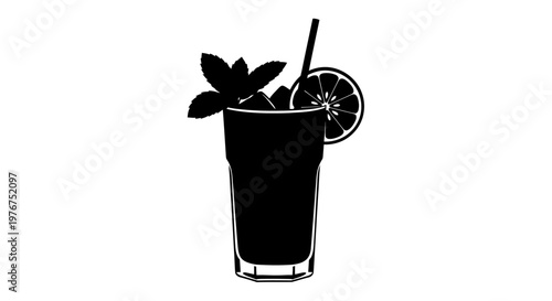 A black and white illustration of a refreshing drink with lime and mint
