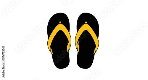 A top down view of black and yellow flip flops against a white background