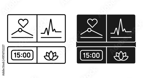Minimalist health tracking dashboard icons, heart rate monitor and meditation timer vector set, black and white wellness app interface elements