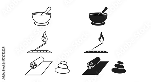 Minimalist spa and wellness icon set, black and white yoga vector elements, zen meditation symbols with incense and massage stones