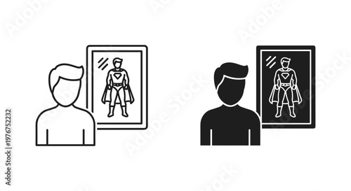 Self confidence icon set with man looking in mirror seeing superhero reflection, personal growth and inner strength concept, black line and glyph vector