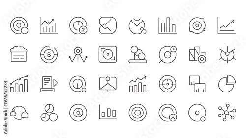 Line-style data analysis and performance tracking icon set with charts, graphs, and target symbols.