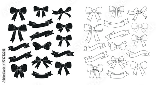 Collection of decorative bows in black and white various styles shown