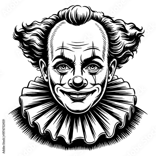 A whimsical black and white illustration of a cheerful clown with exaggerated features and a playful expression.