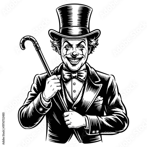 A whimsical black and white illustration of a cheerful clown with exaggerated features and a playful expression.