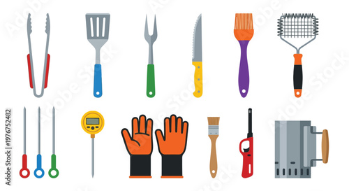 Colorful grilling tools and accessories arranged on a white background