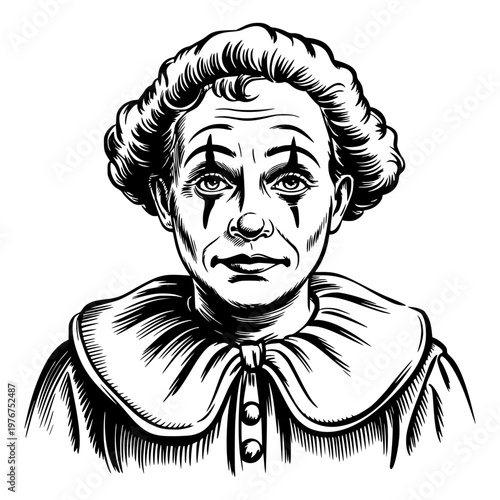 A whimsical black and white illustration of a cheerful clown with exaggerated features and a playful expression.