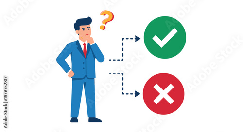 A businessman contemplates a decision between correct and incorrect options