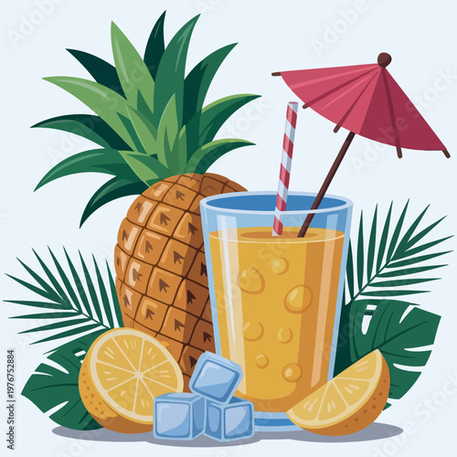 A vibrant still life featuring a pineapple citrus fruits and a tropical drink