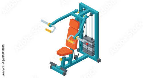 Isometric illustration of a blue and orange home gym weight machine