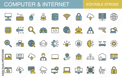 コンピューターとインターネットに関するラインアイコンセット（線幅変更可能・カラー）